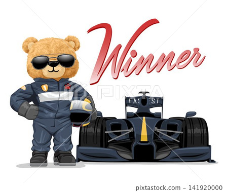 Hand drawn vector illustration of teddy bear in racer costume with racing car 141920000