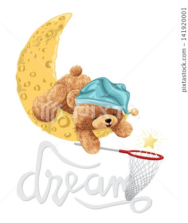 Hand drawn bear cartoon wearing sleeping hat on crescent moon catch golden star with fishing net Hand drawn bear cartoon wearing sleeping hat on crescent moon catch golden star with fishing net 141920001
