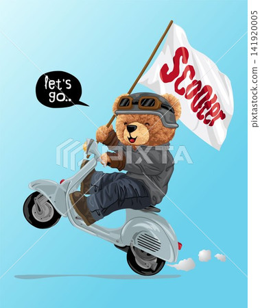 Hand drawn vector illustration of teddy bear riding scooter while holding flag Hand drawn vector illustration of teddy bear riding scooter while holding flag 141920005