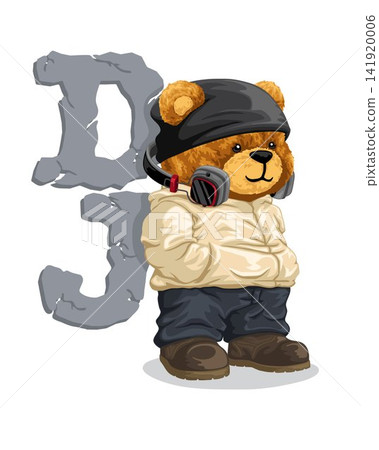 Hand drawn vector illustration of teddy bear in DJ style with headphones Hand drawn vector illustration of teddy bear in DJ style with headphones 141920006