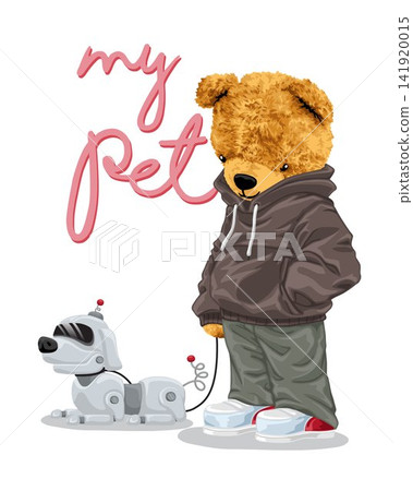 Hand drawn vector illustration of teddy bear with pet robot Hand drawn vector illustration of teddy bear with pet robot 141920015