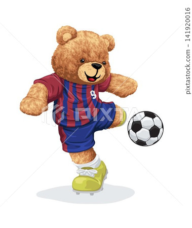 Hand drawn vector illustration of teddy bear kicking soccer ball Hand drawn vector illustration of teddy bear kicking soccer ball 141920016
