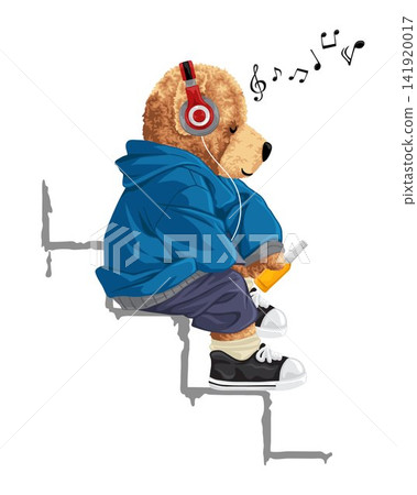Hand drawn vector illustration of teddy bear enjoy music with headphone while holding soft drink Hand drawn vector illustration of teddy bear enjoy music with headphone while holding soft drink 141920017