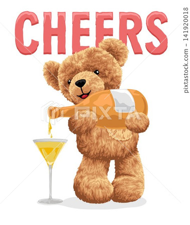 Hand drawn vector illustration of teddy bear pouring a drink into a glass Hand drawn vector illustration of teddy bear pouring a drink into a glass 141920018