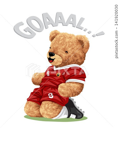 Hand drawn vector illustration of teddy bear celebrating goal in soccer game 141920030