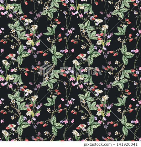Ripe strawberries with delicate wildflowers in a seamless watercolor pattern on a dark background. Perfect for fabric design, packaging, cards, home decor prints, and fashion blogs. Ripe strawberries with delicate wildflowers in a seamless watercolor pattern on a dark background. Perfect for fabric design, packaging, cards, home decor prints, and fashion blogs. 141920041