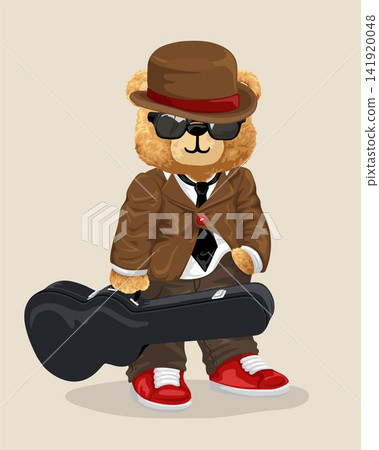 Hand drawn teddy bear cartoon in musician stylish with guitar case Hand drawn teddy bear cartoon in musician stylish with guitar case 141920048