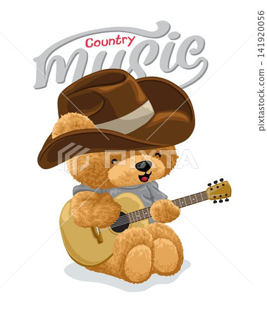 Hand drawn teddy bear cartoon with cowboy hat playing guitar Hand drawn teddy bear cartoon with cowboy hat playing guitar 141920056