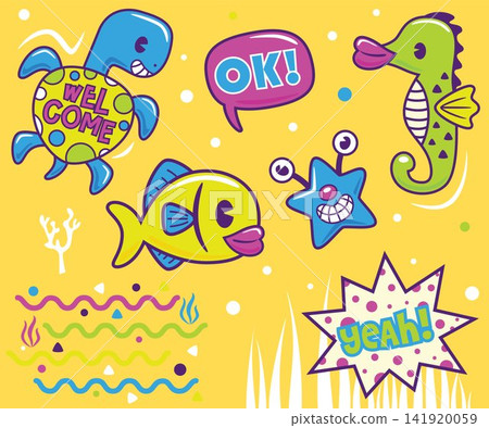 hand drawn trendy cartoon element illustration with funny marine animals hand drawn trendy cartoon element illustration with funny marine animals 141920059