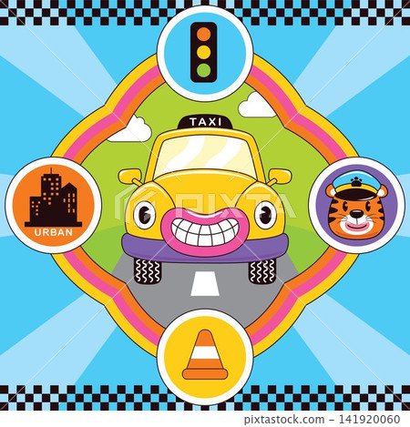 hand drawn trendy cartoon element illustration with funny car and traffic element 141920060