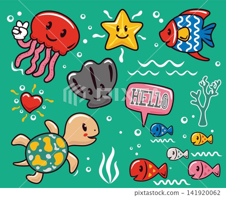 hand drawn trendy cartoon element illustration with funny marine animals hand drawn trendy cartoon element illustration with funny marine animals 141920062