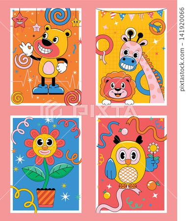 hand drawn trendy cartoon element illustration with funny animals and flower 141920066