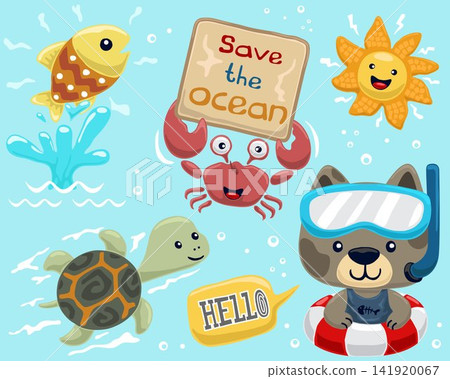 Set of hand drawn funny marine animals cartoon with cute cat wearing diving goggles on lifebuoy Set of hand drawn funny marine animals cartoon with cute cat wearing diving goggles on lifebuoy 141920067