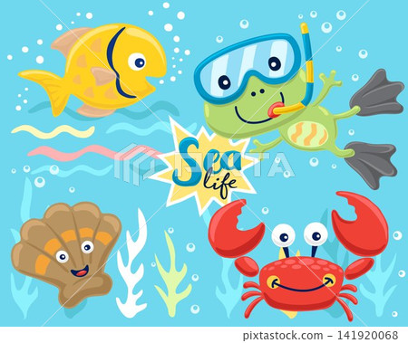 Set of hand drawn funny marine animals cartoon with cute frog wearing diving goggles Set of hand drawn funny marine animals cartoon with cute frog wearing diving goggles 141920068