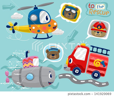 Set of hand drawn funny vehicles cartoon with cute bear riders Set of hand drawn funny vehicles cartoon with cute bear riders 141920069