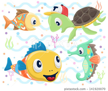 Set of hand drawn funny marine animals cartoon with colorful ornaments Set of hand drawn funny marine animals cartoon with colorful ornaments 141920070