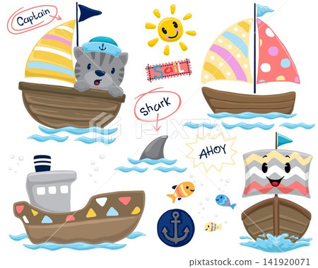 Set of hand drawn boat cartoon with colorful ornaments, funny cat on sail boat, marine animals. Set of hand drawn boat cartoon with colorful ornaments, funny cat on sail boat, marine animals. 141920071