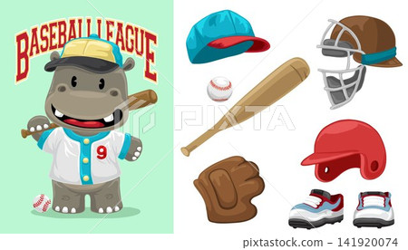 Hand drawn funny hippo cartoon in baseball uniform with baseball elements Hand drawn funny hippo cartoon in baseball uniform with baseball elements 141920074