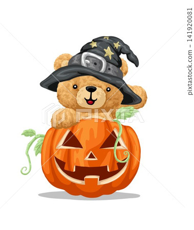 Hand drawn teddy bear cartoon in Halloween costume with pumpkin Hand drawn teddy bear cartoon in Halloween costume with pumpkin 141920081