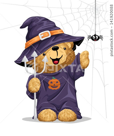Hand drawn teddy bear cartoon holding trident in halloween costume with little spider Hand drawn teddy bear cartoon holding trident in halloween costume with little spider 141920088