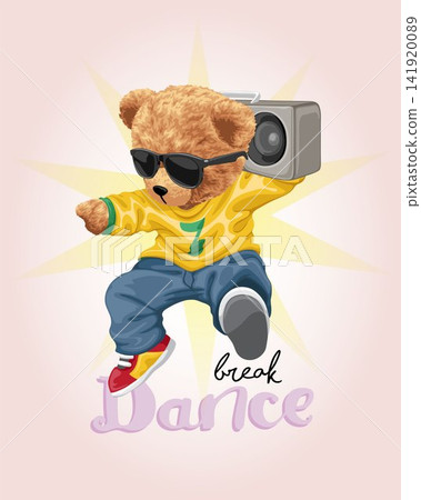 Hand drawn dancing teddy bear cartoon with tape recorder Hand drawn dancing teddy bear cartoon with tape recorder 141920089