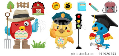 Vector set of hand drawn funny birds in different profession with the elements Vector set of hand drawn funny birds in different profession with the elements 141920153