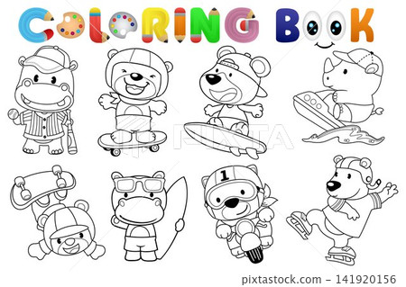 Coloring book with group of funny animals cartoon in different activity Coloring book with group of funny animals cartoon in different activity 141920156