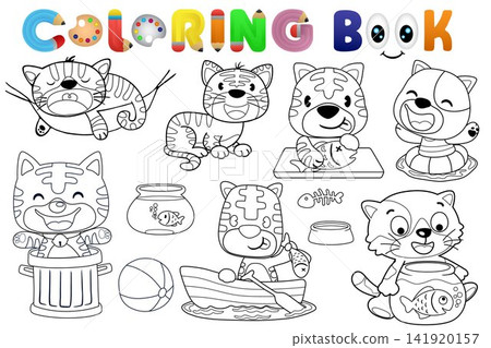 Coloring book with group of funny cat cartoon in different activity Coloring book with group of funny cat cartoon in different activity 141920157