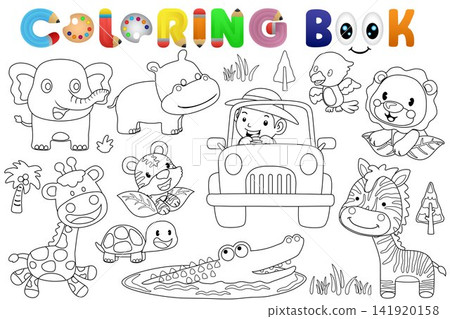 Coloring book safari animals cartoon with boy on safari car Coloring book safari animals cartoon with boy on safari car 141920158