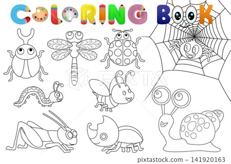 Coloring book cover template with cartoon insect and bug outlines. Coloring book cover template with cartoon insect and bug outlines. 141920163