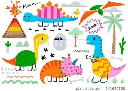 Doodle dinosaurs hand drawn vector illustration with the elements Doodle dinosaurs hand drawn vector illustration with the elements 141920168