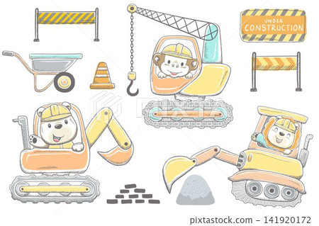 Vector illustration of hand drawn animals cartoon on construction vehicles, set of construction signs Vector illustration of hand drawn animals cartoon on construction vehicles, set of construction signs 141920172