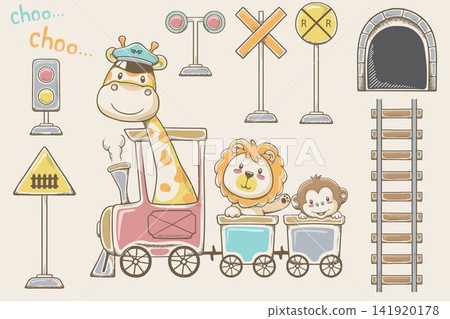 Vector illustration of hand drawn cute animals cartoon on steam train with railway elements Vector illustration of hand drawn cute animals cartoon on steam train with railway elements 141920178