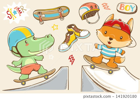 Vector cartoon illustration of hand drawn crocodile and fox skateboarding, skateboard elements cartoon Vector cartoon illustration of hand drawn crocodile and fox skateboarding, skateboard elements cartoon 141920180
