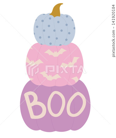 Stacked pastel Halloween pumpkins featuring bats, polka dots, and a BOO sign Stacked pastel Halloween pumpkins featuring bats, polka dots, and a BOO sign 141920184