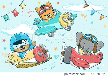 Vector illustration of hand drawn airplane cartoon with funny animals pilot Vector illustration of hand drawn airplane cartoon with funny animals pilot 141920194