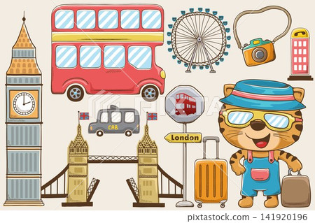 Vector illustration of hand drawn London city elements, funny cat with travel bag Vector illustration of hand drawn London city elements, funny cat with travel bag 141920196