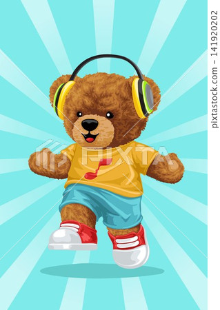 Vector illustration of hand drawn teddy bear cartoon dancing while listening music with earphone Vector illustration of hand drawn teddy bear cartoon dancing while listening music with earphone 141920202