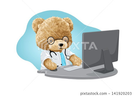Vector illustration of hand drawn teddy bear cartoon in doctor uniform operating computer Vector illustration of hand drawn teddy bear cartoon in doctor uniform operating computer 141920203