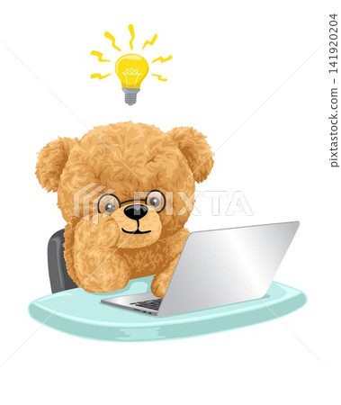 Vector illustration of hand drawn teddy bear cartoon operating laptop with light bulb on it head Vector illustration of hand drawn teddy bear cartoon operating laptop with light bulb on it head 141920204