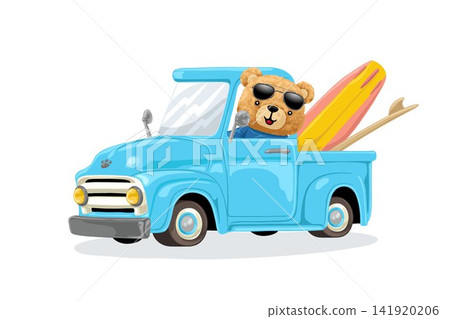 Vector illustration of hand drawn teddy bear cartoon driving truck carrying surfboards Vector illustration of hand drawn teddy bear cartoon driving truck carrying surfboards 141920206