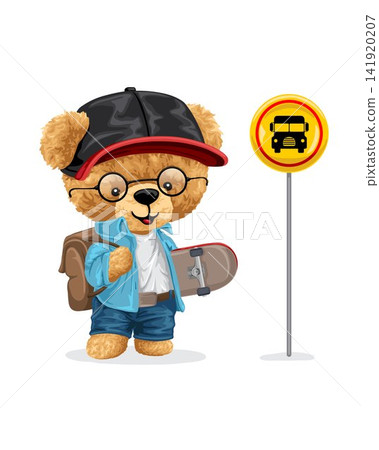 Vector illustration of hand drawn teddy bear student carrying skateboard standing in bus stop Vector illustration of hand drawn teddy bear student carrying skateboard standing in bus stop 141920207