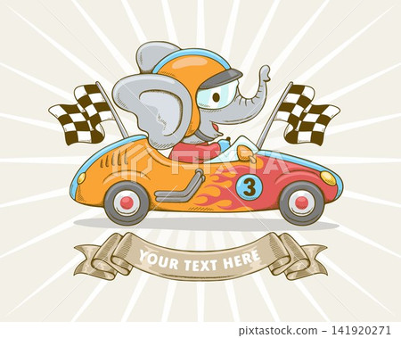 Vector illustration of cute elephant in racer costume on racing car, checkered flags and ribbon Vector illustration of cute elephant in racer costume on racing car, checkered flags and ribbon 141920271