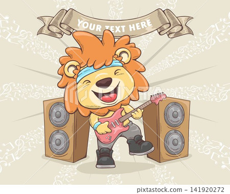 Vector illustration in hand drawn concept, cartoon funny lion playing electric guitar on music notes background, musical elements Vector illustration in hand drawn concept, cartoon funny lion playing electric guitar on music notes background, musical elements 141920272