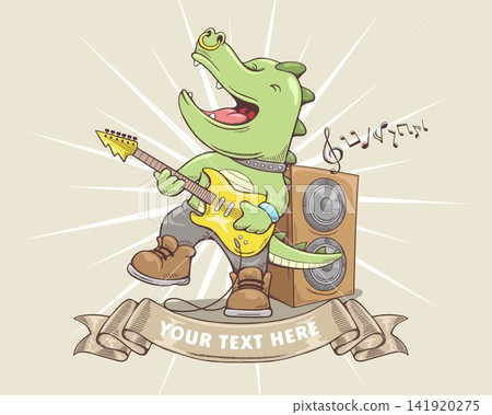 Vector illustration in hand drawn style, funny dinosaur playing electric guitar, musical elements Vector illustration in hand drawn style, funny dinosaur playing electric guitar, musical elements 141920275