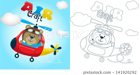 Vector illustration of cartoon funny bear on helicopter. Coloring book or page for kids Vector illustration of cartoon funny bear on helicopter. Coloring book or page for kids 141920292