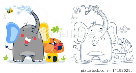Vector illustration of cartoon elephant with insects and mushroom. Coloring book or page for kids 141920293