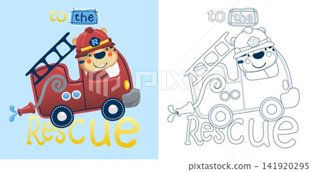 Vector illustration of cartoon funny cat driving firetruck. Coloring book or page for kids Vector illustration of cartoon funny cat driving firetruck. Coloring book or page for kids 141920295