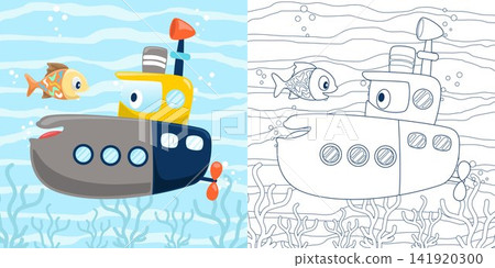 Vector illustration of cartoon funny submarine with fish undersea. Coloring book or page for kids Vector illustration of cartoon funny submarine with fish undersea. Coloring book or page for kids 141920300