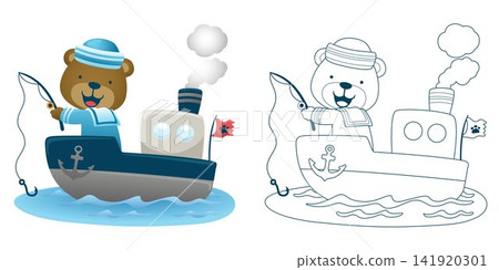 Vector illustration of cartoon bear in sailor costume fishing on ship. Coloring book or page Vector illustration of cartoon bear in sailor costume fishing on ship. Coloring book or page 141920301